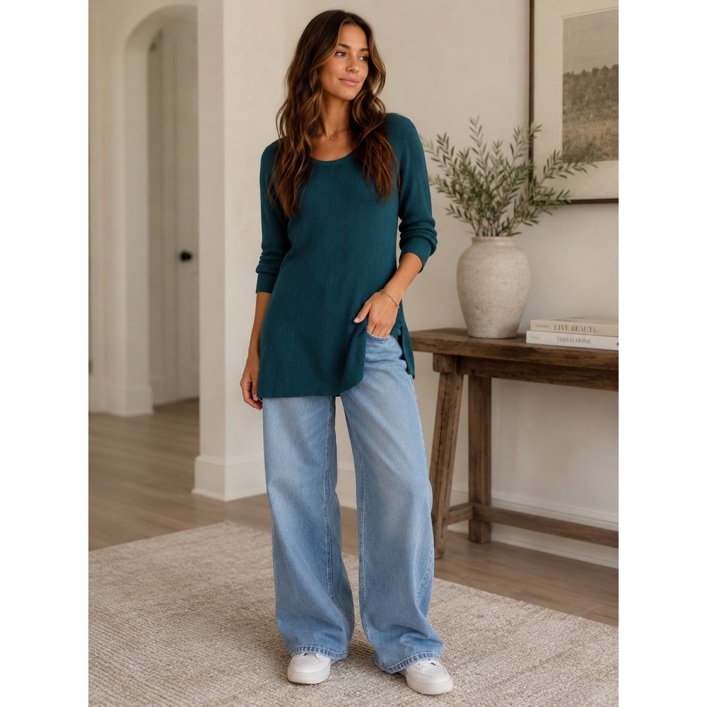 J. Jill Teal Green Ribbed Knit Tunic Sweater 3/4 Sleeve Crew Neck Size M E97